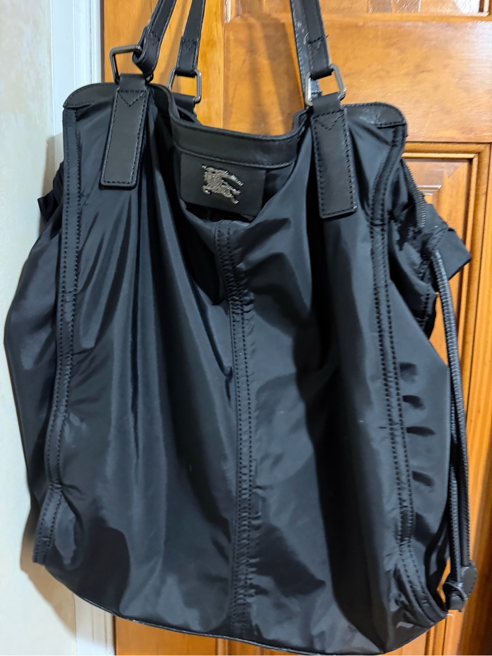 Burberry Black Nylon Nova Check Large Shoulder Tote Bag Leather Trim